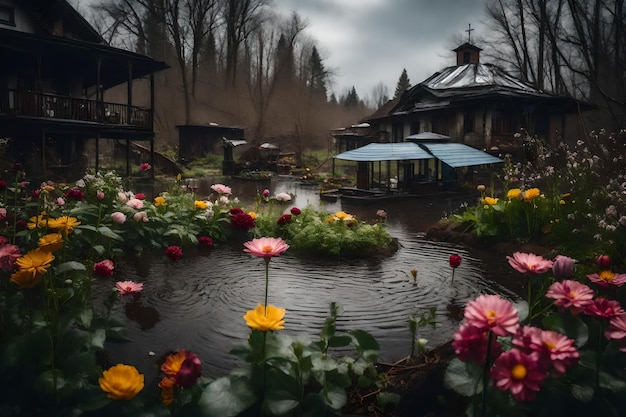 a pond with flowers and a house in the background