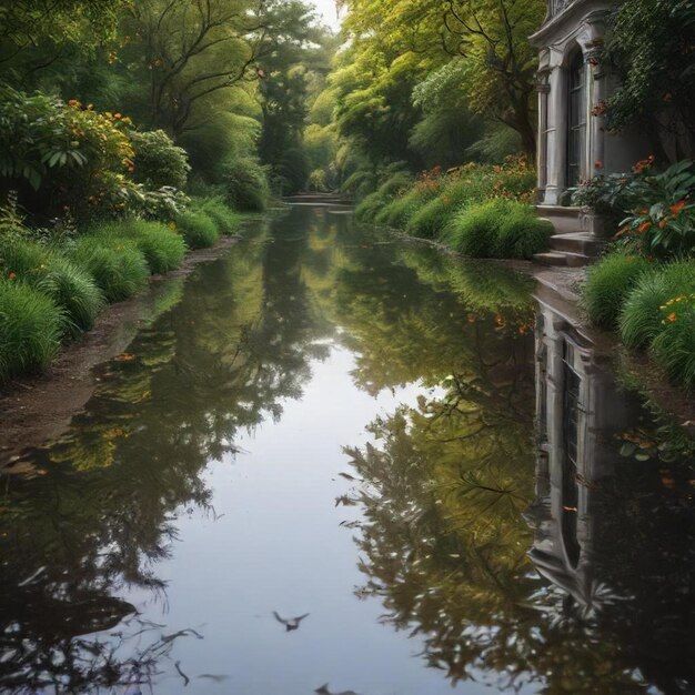 a pond with a house and a tree reflection in it