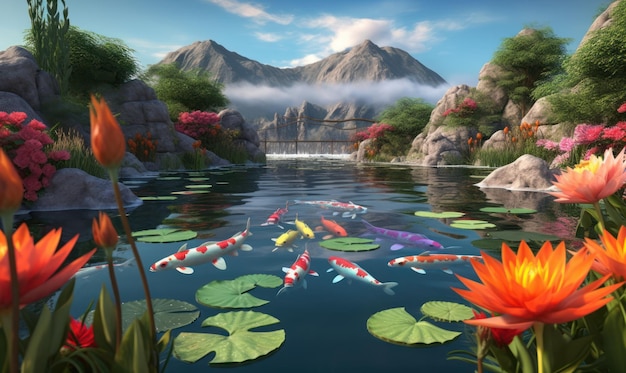 A pond with a koi fish and a mountain in the background