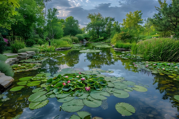 a pond with lily pads and a cloudy sky in the background