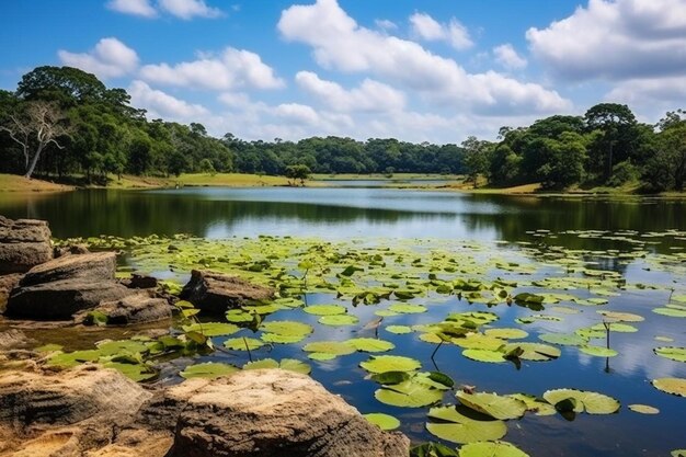 Photo a pond with lily pads and a sky with clouds in the background