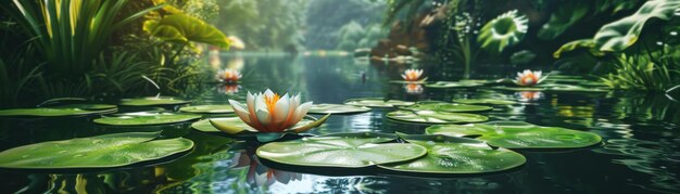 A pond with many lily pads and green plants