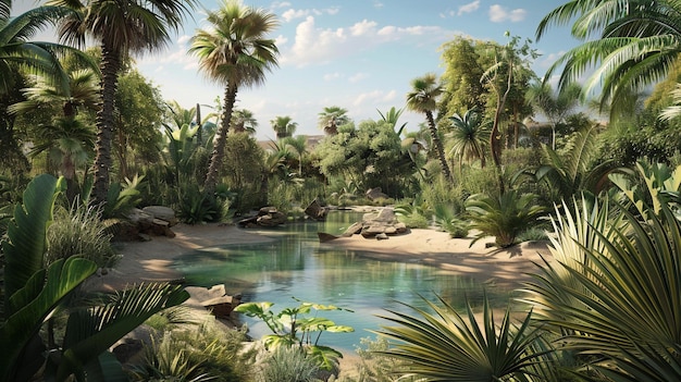 a pond with palm trees and a blue sky