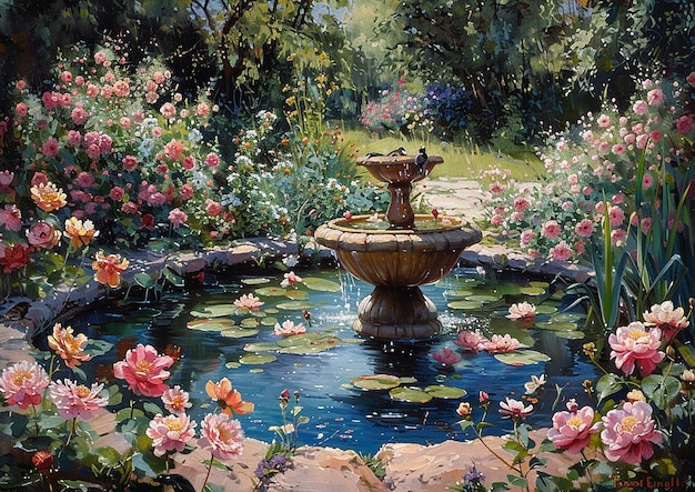 a pond with pink flowers and a statue in it