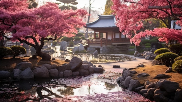 a pond with pink trees and a building in the background