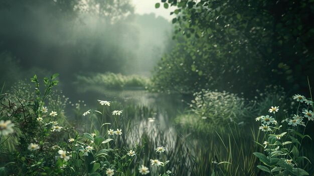 a pond with a pond and flowers and a pond in the background