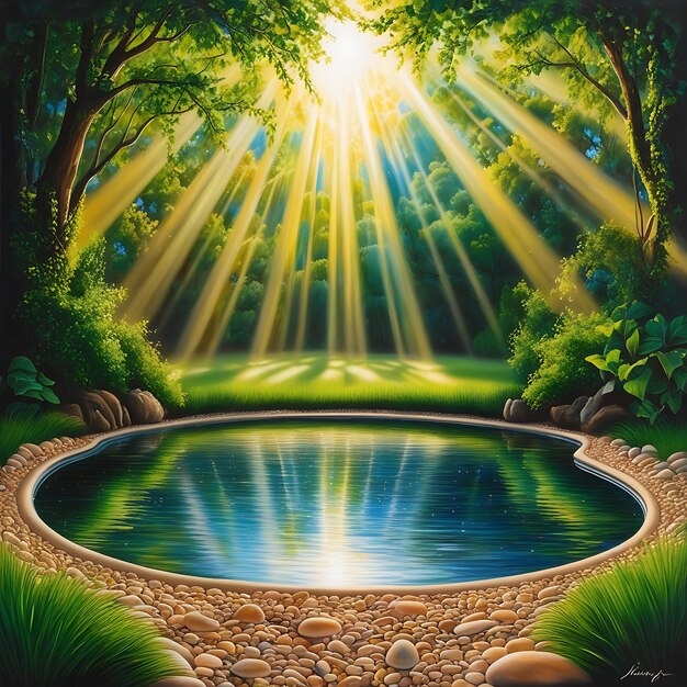 a pond with a pond and the sun shining through the trees