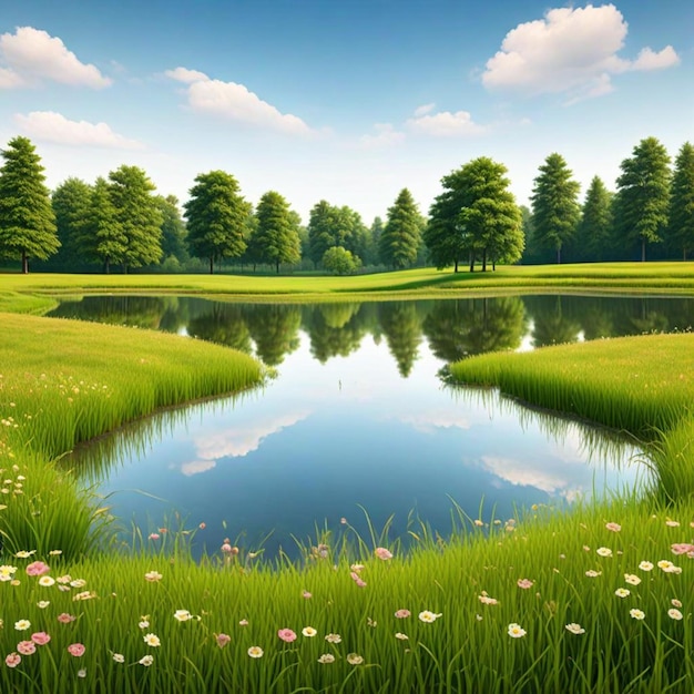 a pond with a pond and trees and a pond with a tree in the background