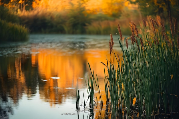 Photo a pond with reeds and ducks in it