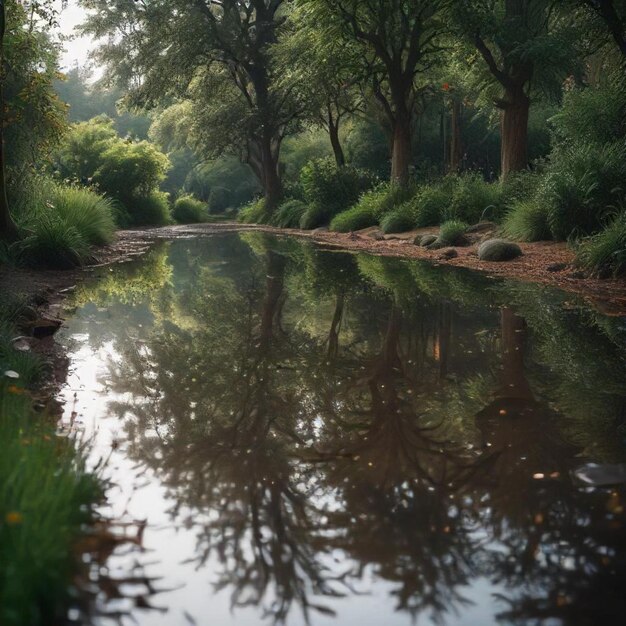 Photo a pond with a reflection of trees and a river with a tree in the background