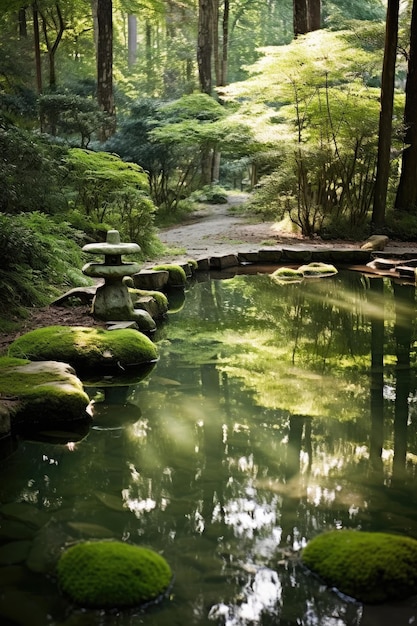 A pond with rocks and trees in the background