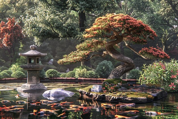 Photo a pond with a tree and a lantern in the middle of it