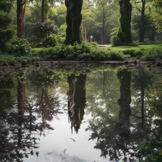 Photo a pond with a tree reflection and a reflection of a tree in it