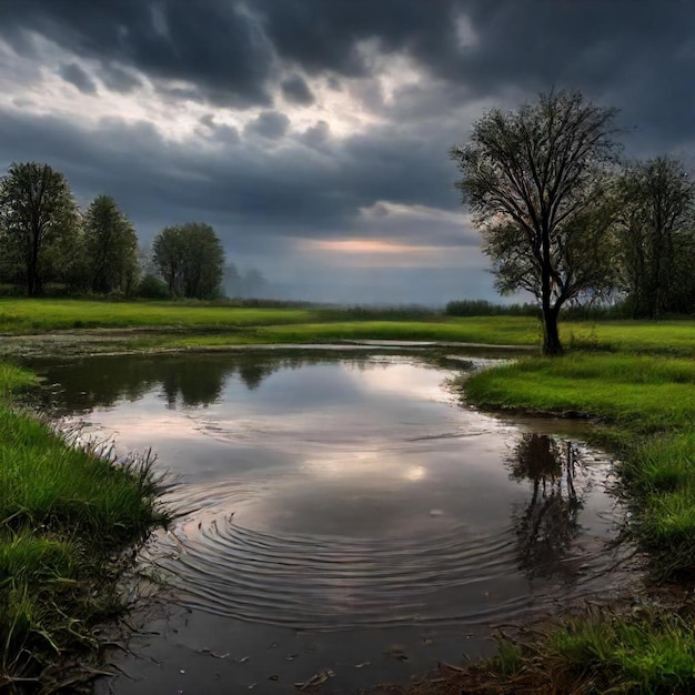 a pond with trees and a cloudy sky in the background