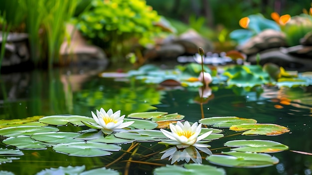 a pond with water lilies and flowers in it