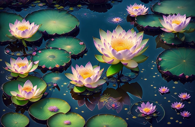 A pond with water lilies and flowers