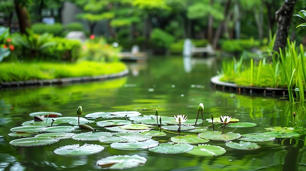 a pond with water lilies and a pond with a pond in the background