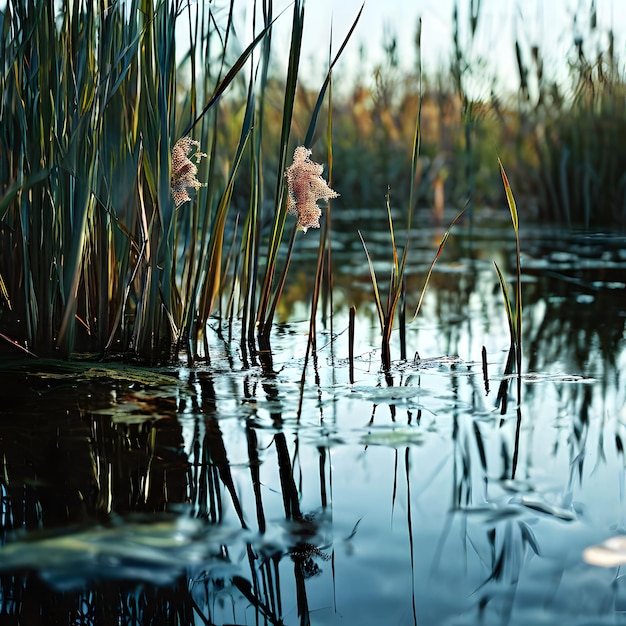 Photo a pond with water lilies and a reflection of the sky in the water