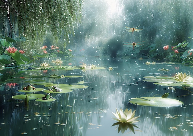 a pond with water lilies and a tree in the background