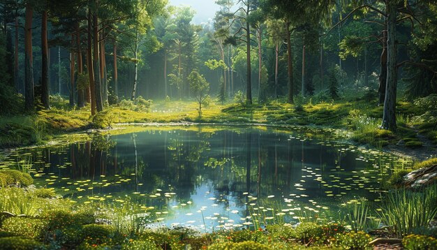 a pond with water lilies and trees in the background