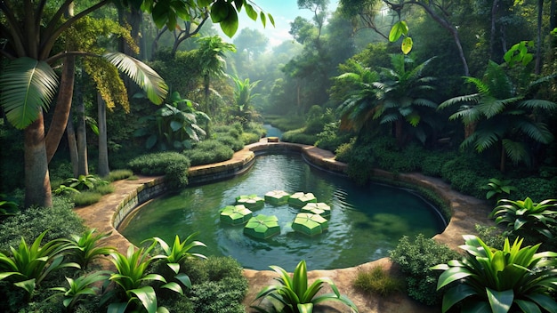 a pond with a waterfall and a pond with plants in it