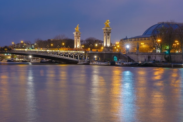 Pont alexandre iii or alexander iii bridge at night illumination in paris france