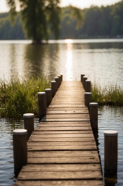 Photo pontoon pier on the shore of a lake on a beautiful summer day