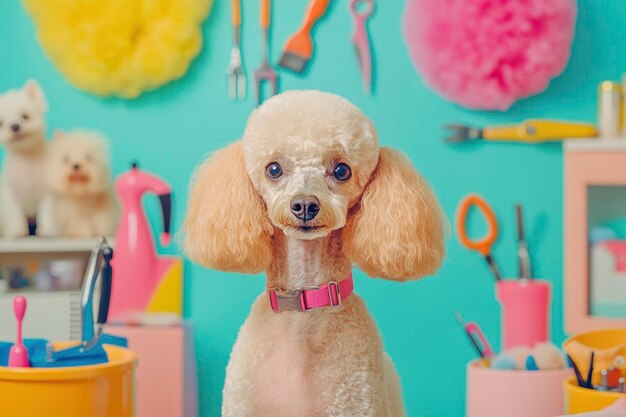 Photo a poodle being groomed at a pet salon with various grooming tools and bright decorations around