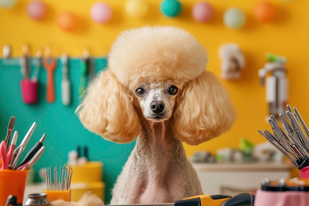 Photo a poodle being groomed at a pet salon with various grooming tools and bright decorations around