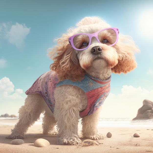 Poodle dog in summer attire costume Summer poodle hairy doggy in cute face wearing fashionable