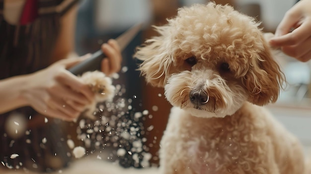 Photo a poodle getting its fur cut by a professional groomer the dog is sitting on a grooming table