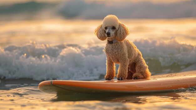 Photo poodle riding high on surfboard in ocean