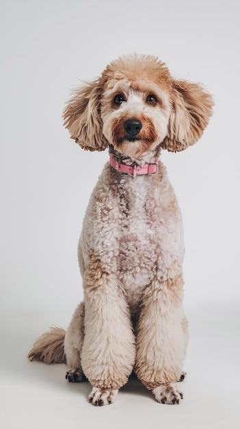 Poodle sitting agnst white background