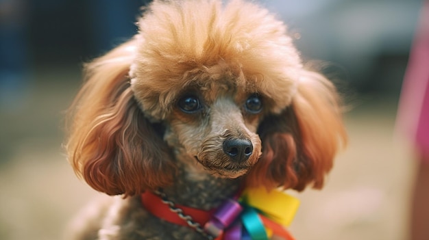 A poodle with a rainbow ribbon around his neck