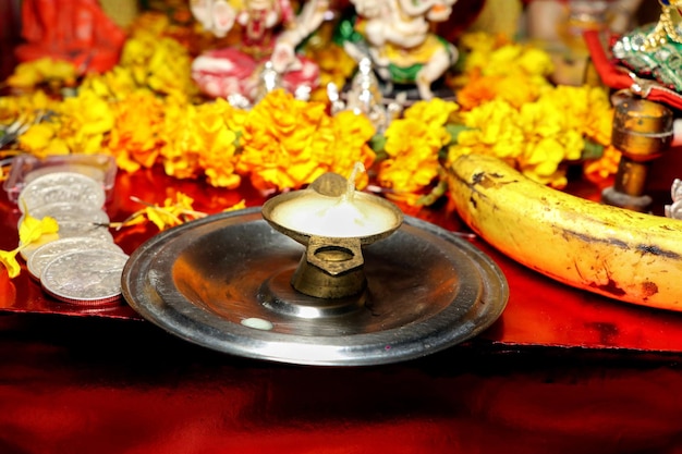 Pooja Material Puja Sahitya in Hindu Religion from India arranged in a group selective focus