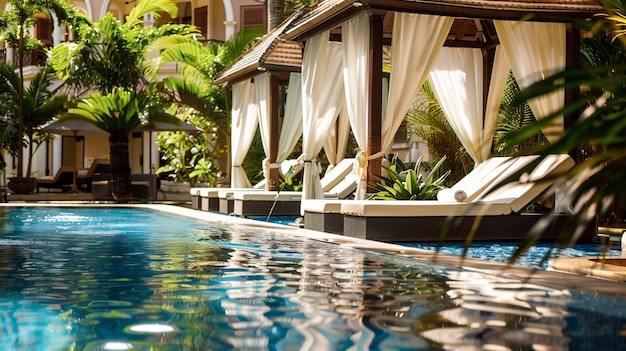 Pool area features elegant design and tropical plants