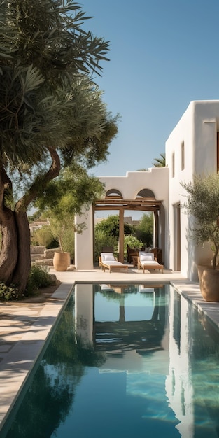 The pool area of the villa is surrounded by olive trees and olive trees.