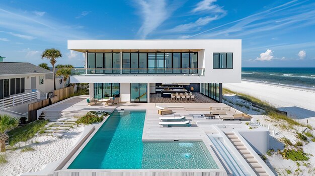 the pool area of the villa is surrounded by a pool and a view of the ocean