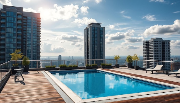 the pool and the city skyline are seen