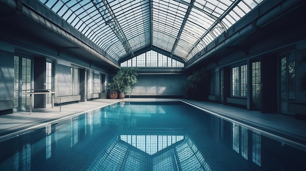 The pool at the hotel is shown with the glass roof.