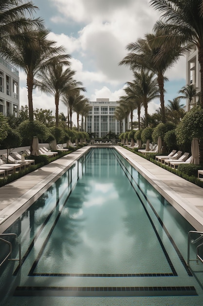 The pool at the hotel is surrounded by palm trees.