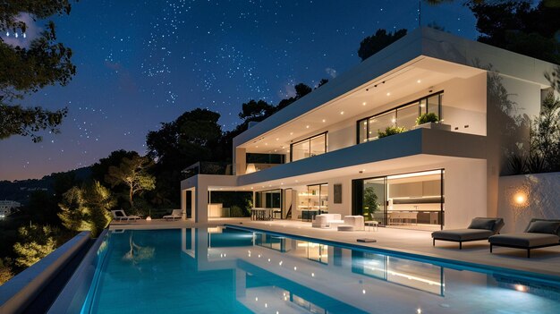 the pool at the house is surrounded by trees and the night sky is visible