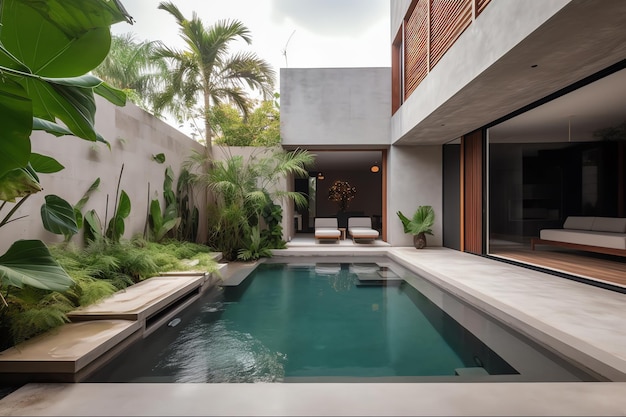 A pool in a house with a tropical garden