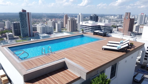 the pool is surrounded by a large building with a view of the city