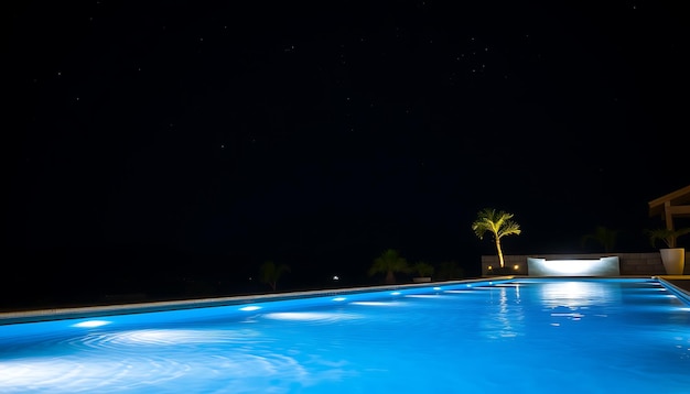 the pool at night with palm trees