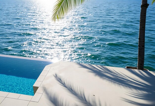 Photo a pool and a palm tree are overlooking the ocean