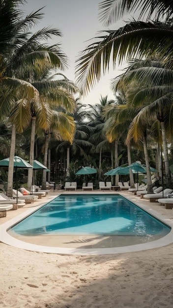 A pool party in a tropical paradise surrounded by palm trees sand and a ldback island atmosphere