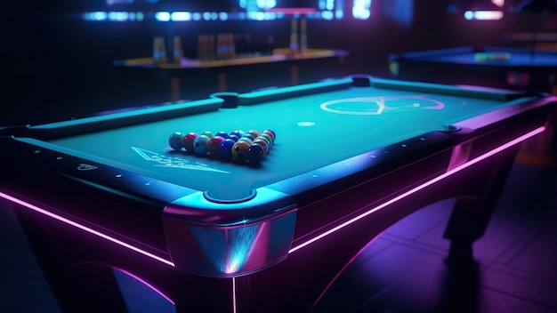 A pool table in a club with neon lights and a pool table.