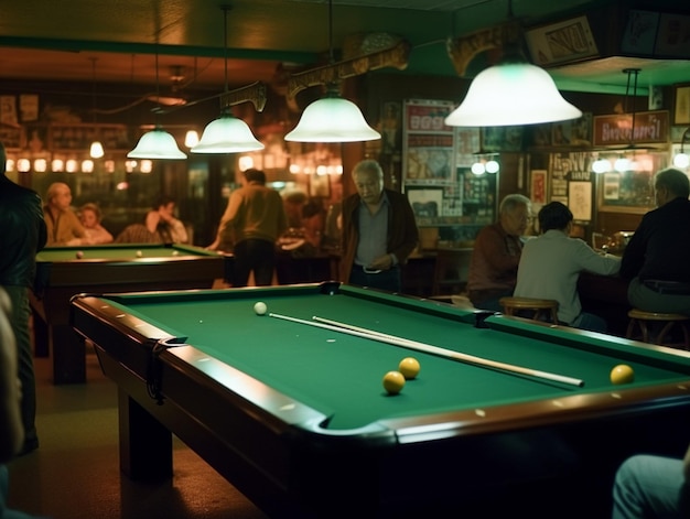 A pool table is in a bar with a sign that says'the word " on it.