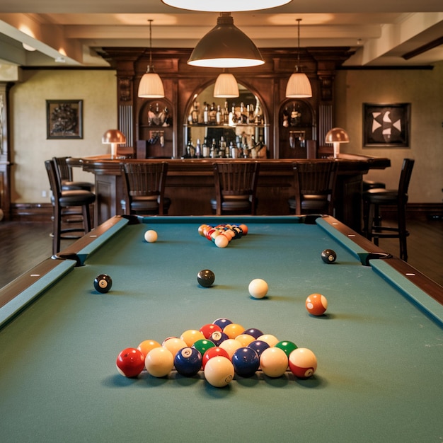 Photo a pool table with balls and pool balls on it